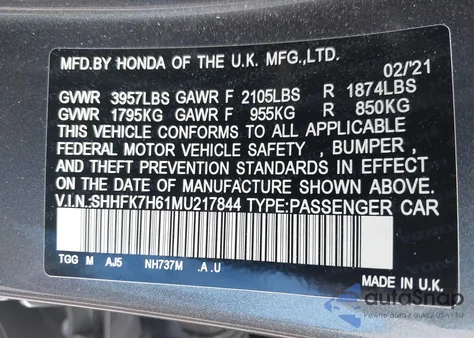 2021 Honda Civic Ex from USA, damaged, VIN SHHFK7H61MU217844